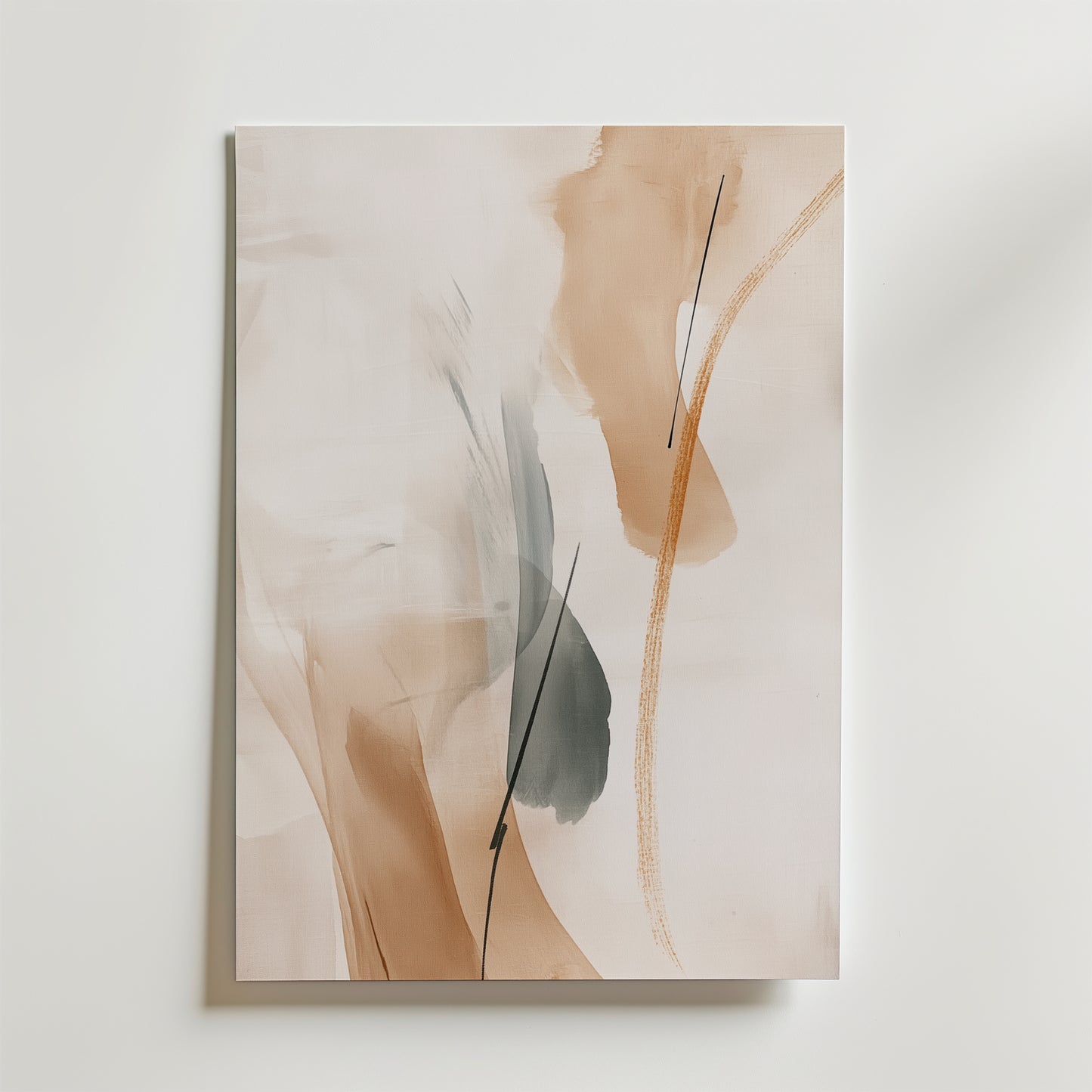 Postern Golden Flow Poster by Bozetto har abstrakta beige, tan och grå penseldrag med svarta och orange linjer på en vit bakgrund, tryckt på premiumpapper med en lyxigt matt yta och uppsatt på en vit vägg.