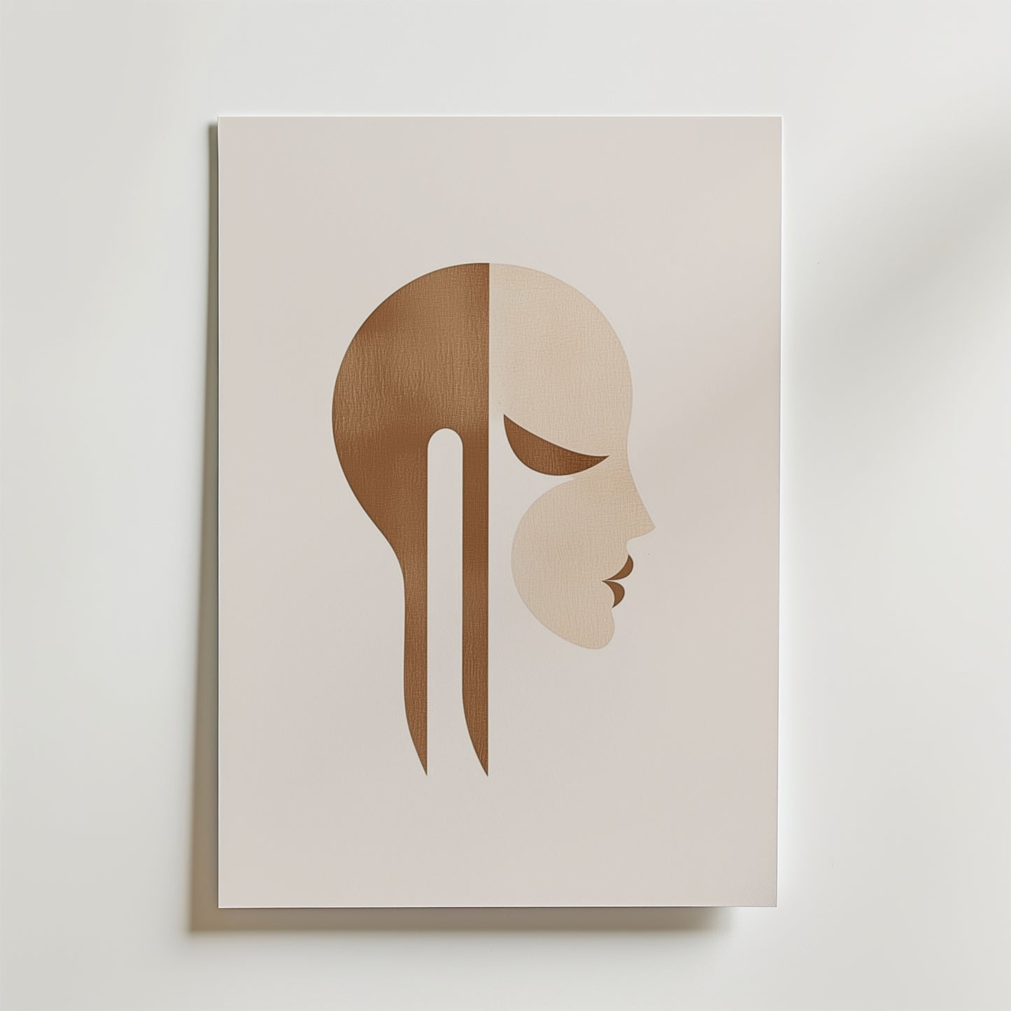 Bozetto Abstract Side Portrait Poster har en minimalistisk modern design med ett stiliserat människohuvud i profil, med geometriska bruna och beige former på premiumpapper för en ren, abstrakt look mot en vit bakgrund.