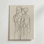 Bozetto's Minimalist Line Art Trio Poster visar två abstrakta människofigurer sammanflätade i svarta linjer på en ljus bakgrund, tryckt på premiumpapper för en sofistikerad, modern touch.
