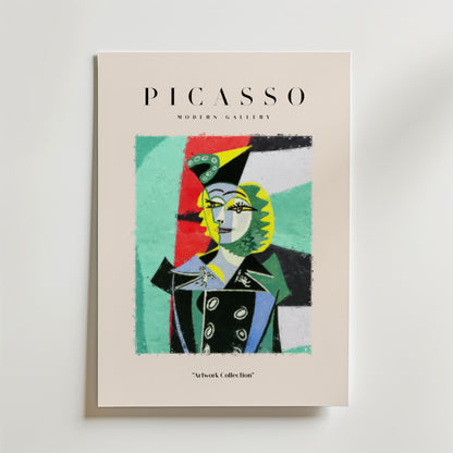 En Bozetto Picasso Style Fashion Portrait Poster med abstrakt konst i kubistisk stil, djärva geometriska former, levande färger och texten "PICASSO MODERN GALLERY" ovanför konstverket på en krämfärgad bakgrund.