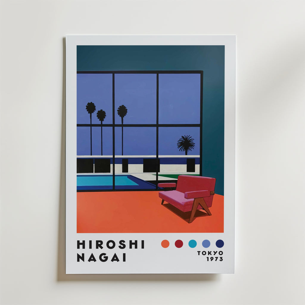 Hiroshi Nagai Palm View Silence Poster by Bozetto föreställer en modern interiör med en röd stol vid en pool, inramad av palmer och blå himmel, med "Hiroshi Nagai", färgprover och "Tokyo 1973" längst ner - en visuell meditation.