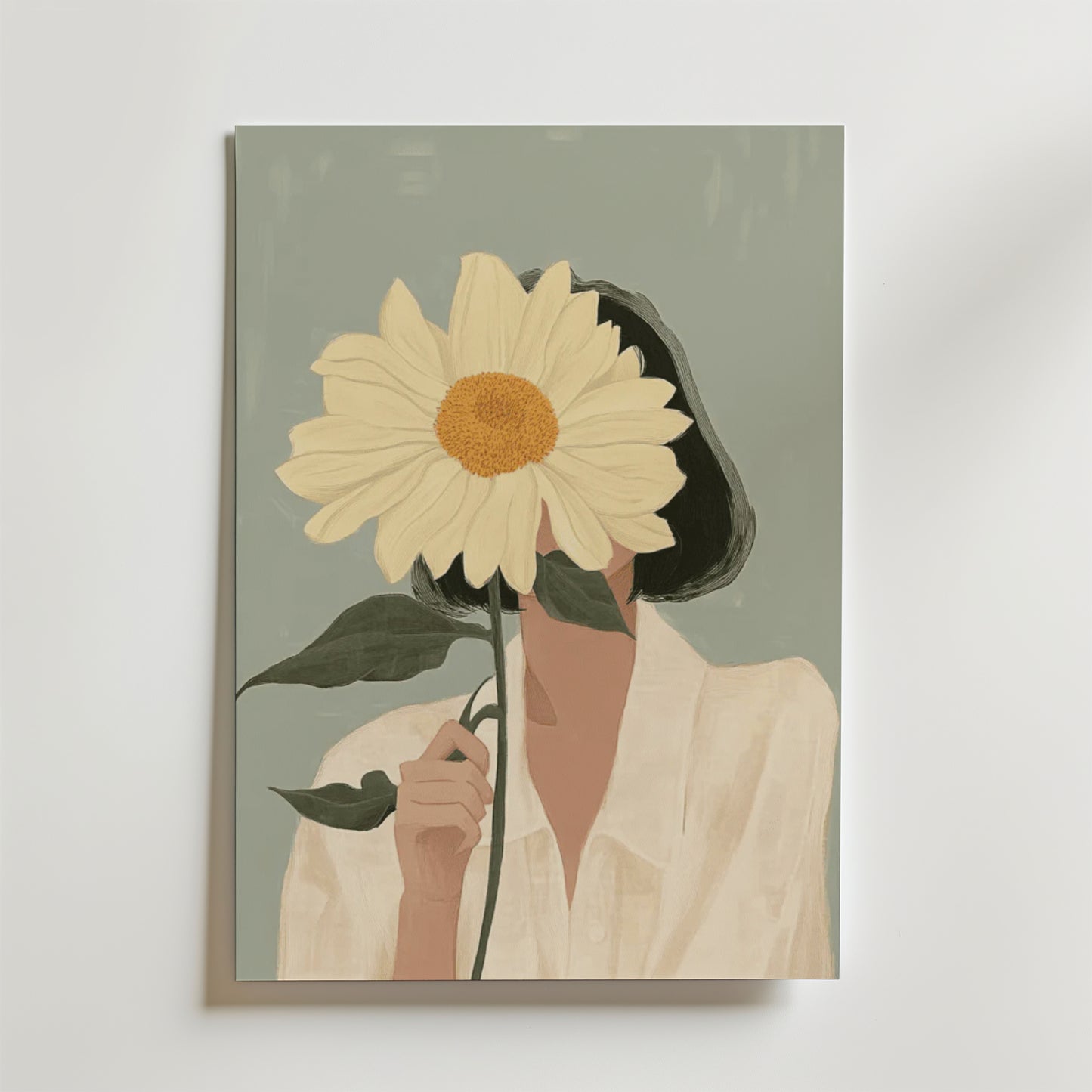 Bozetto Hidden Sunflower-affischen visar en person i vit skjorta som håller en stor solros som döljer ansiktet, mot en dämpad grön bakgrund. Tryckt på premiumpapper för en elegant finish.