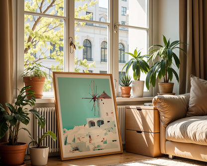 Santorini Windmill Poster