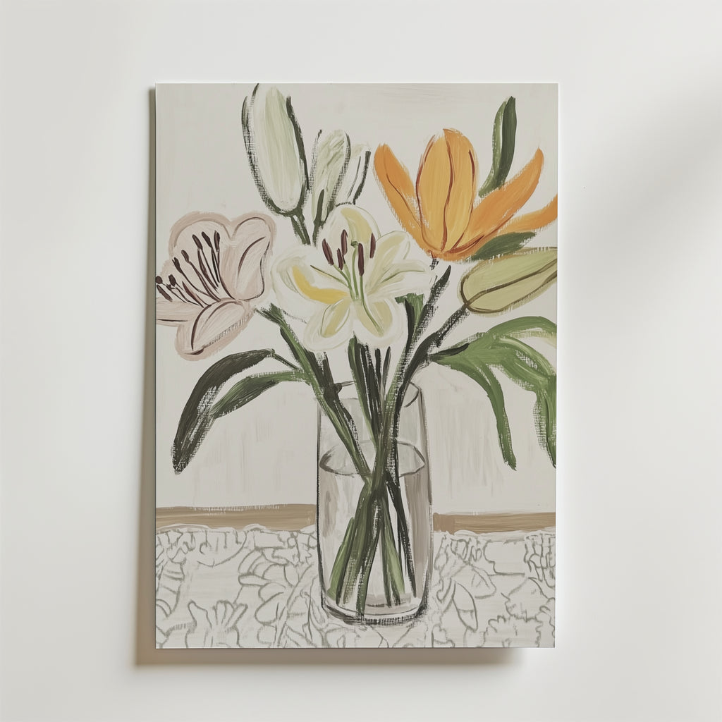 Bozetto "Purple Lavender Fields Poster" föreställer en glasvas med tre stora krämfärgade, rosa och orange blommor med gröna blad på en mönstrad yta mot en matt vit bakgrund, tryckt på premiumpapper.