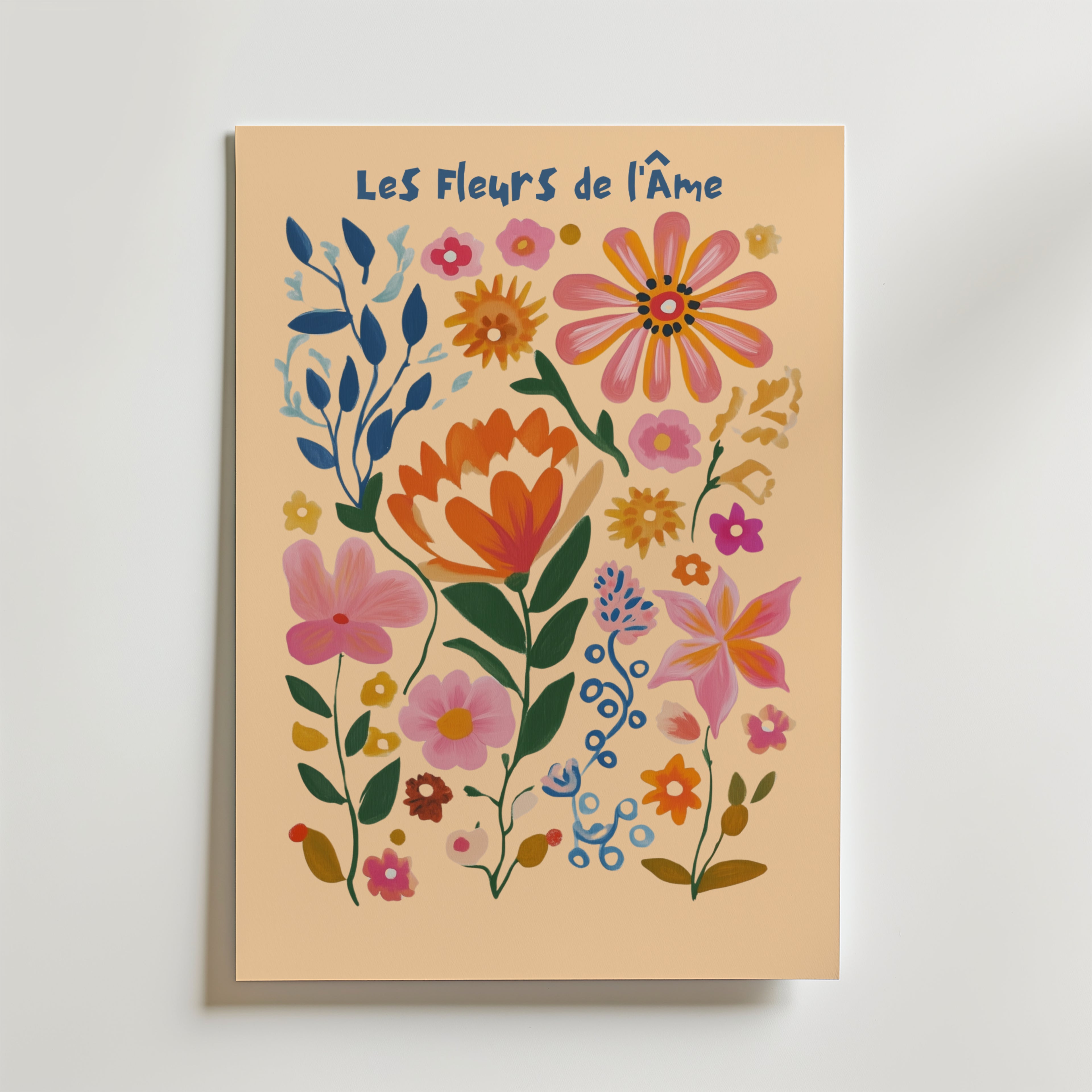 Les Fleurs De Ráme No.2 Poster by Bozetto har stiliserade rosa, orange, blå och gula blommor med den franska titeln i blå handskriven text, tryckt på FSC-certifierat premiumpapper för en högkvalitativ finish.