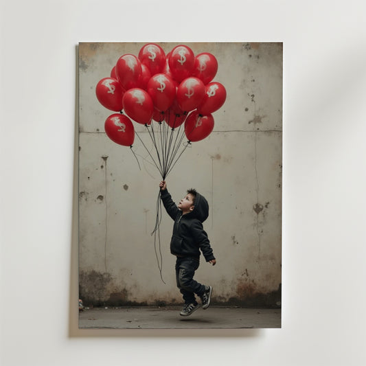 En ung pojke i svart huvtröja håller röda dollarsignaturballonger mot en beige vägg - Bozetto Dreams for Sale Poster, tryckt på premiumpapper med matt yta.