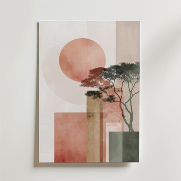 Silent Sun Geometry Poster – En stillsam och minimalistisk komposition där en mjukt texturerad sol möter grafiska