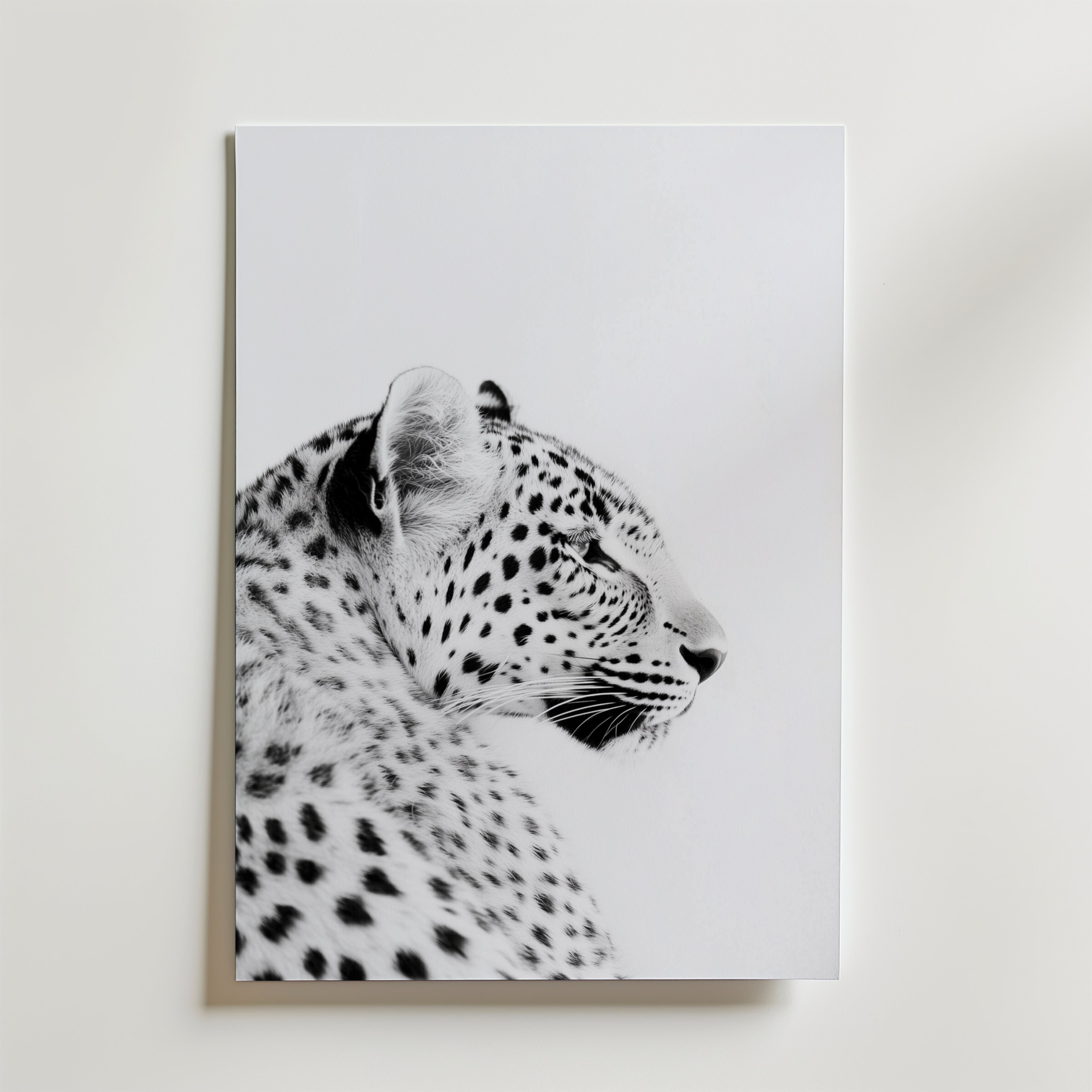 Black and White Leopard Poster by Bozetto har en detaljerad profil av en leopard på FSC-certifierat premiumpapper med lyxigt matt yta, som framhäver dess fläckar och lugna uttryck mot en minimal vit bakgrund.