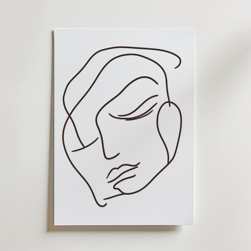 Bozetto Bold Line Art Face Poster har minimalistiska svarta linjer som formar slutna ögon, välvda ögonbryn och åtskilda läppar på FSC-certifierat premiumpapper, med en lyxigt matt yta i en elegant, abstrakt stil.