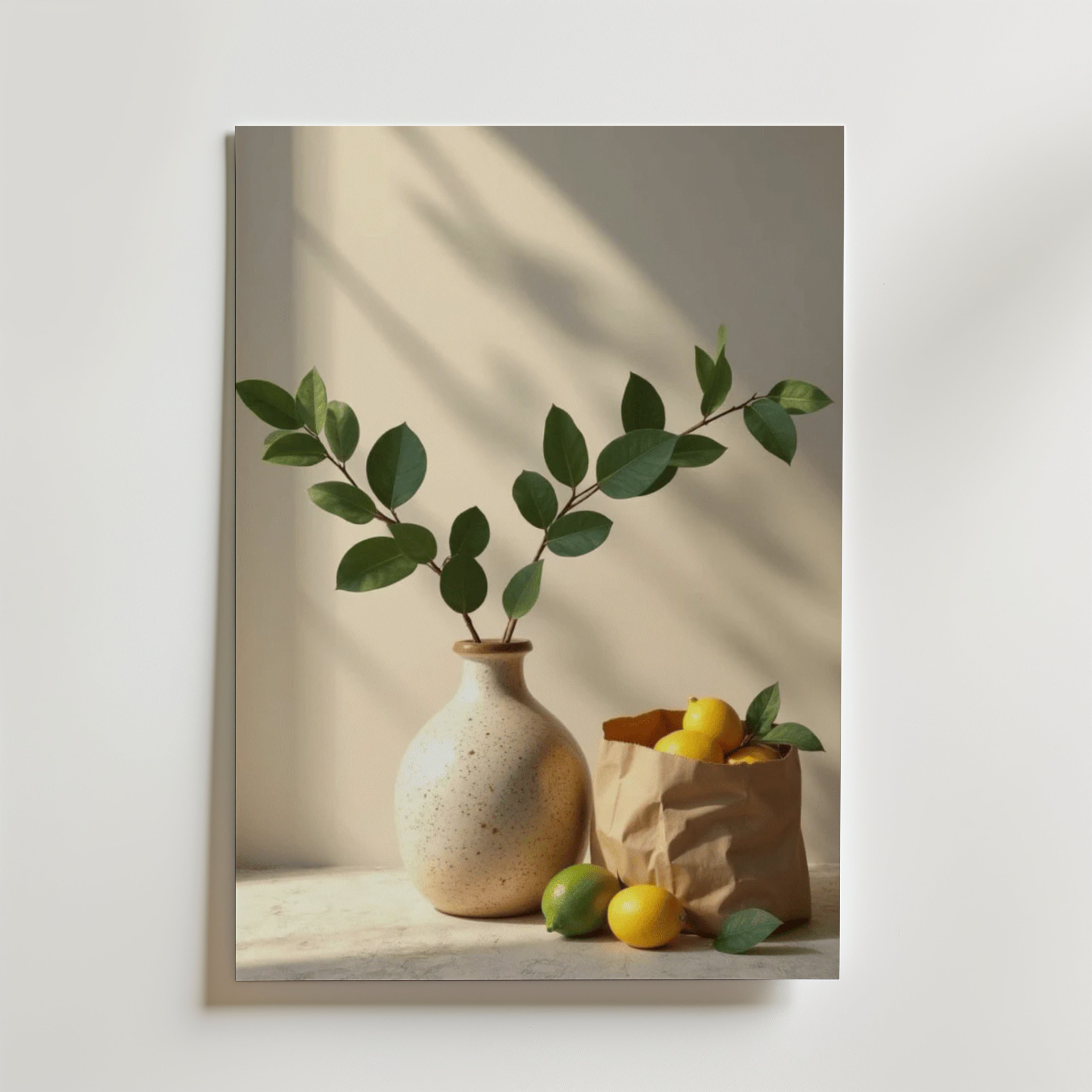 En spräcklig vas med bladgröna grenar står bredvid en brun papperspåse fylld med citroner och limefrukter. Solljuset kastar mjuka skuggor och framhäver den lyxigt matta ytan på Bozetto Ceramic Vase Lemon Love poster.