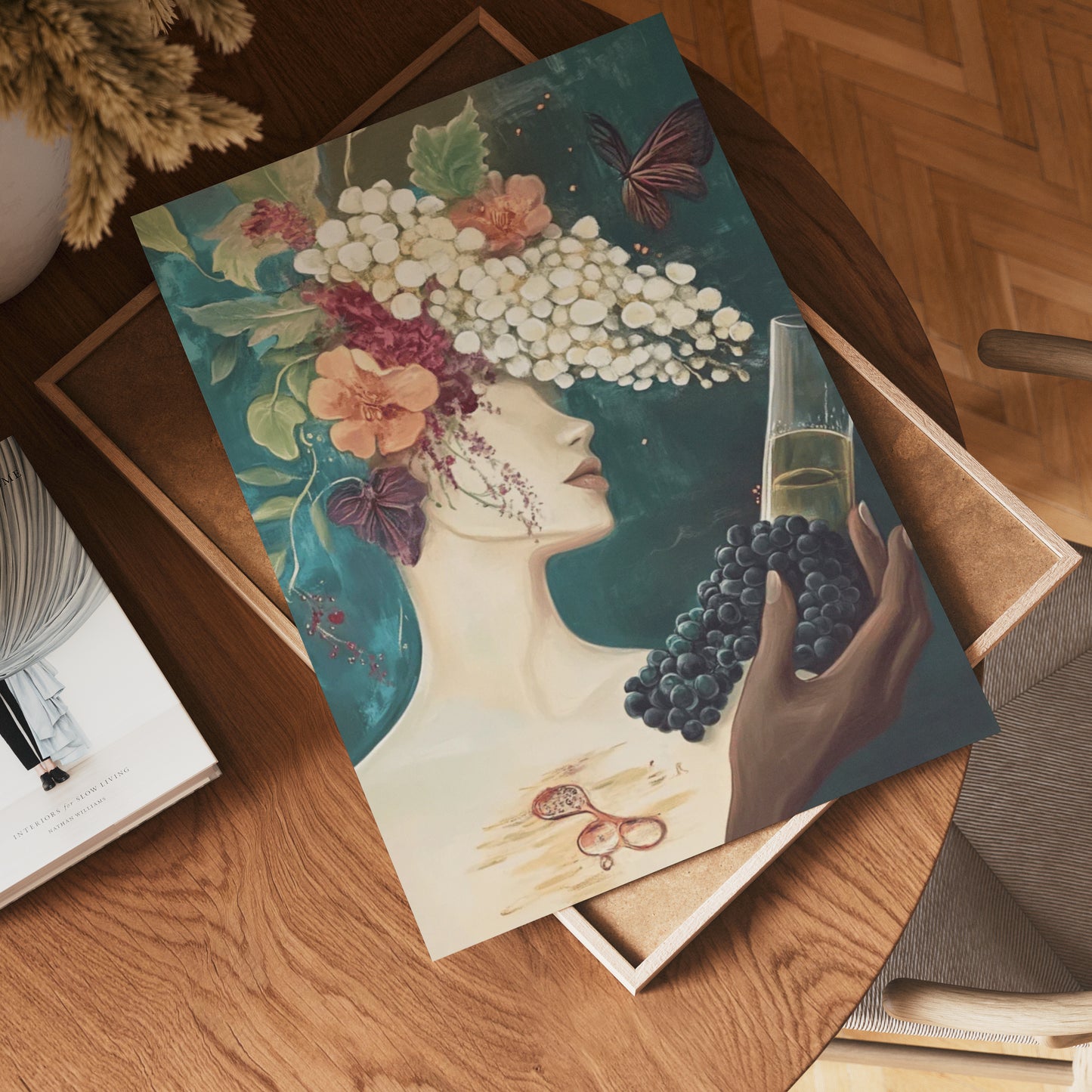 Floral Art With Butterflies And Grapes Poster