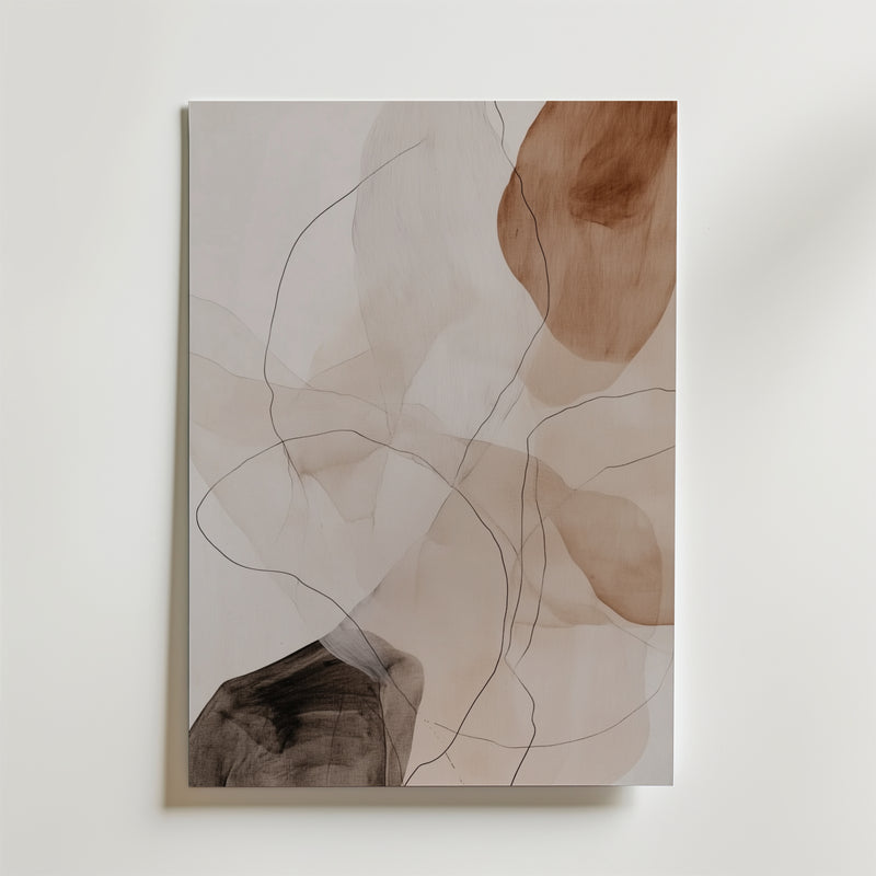 Whispering Shapes Poster från Bozetto: En minimalistisk och modern abstrakt konstposter med överlappande former i brunt, beige och svart, tryckt på FSC-certifierat premiumpapper med tunna svarta linjer mot vit bakgrund.