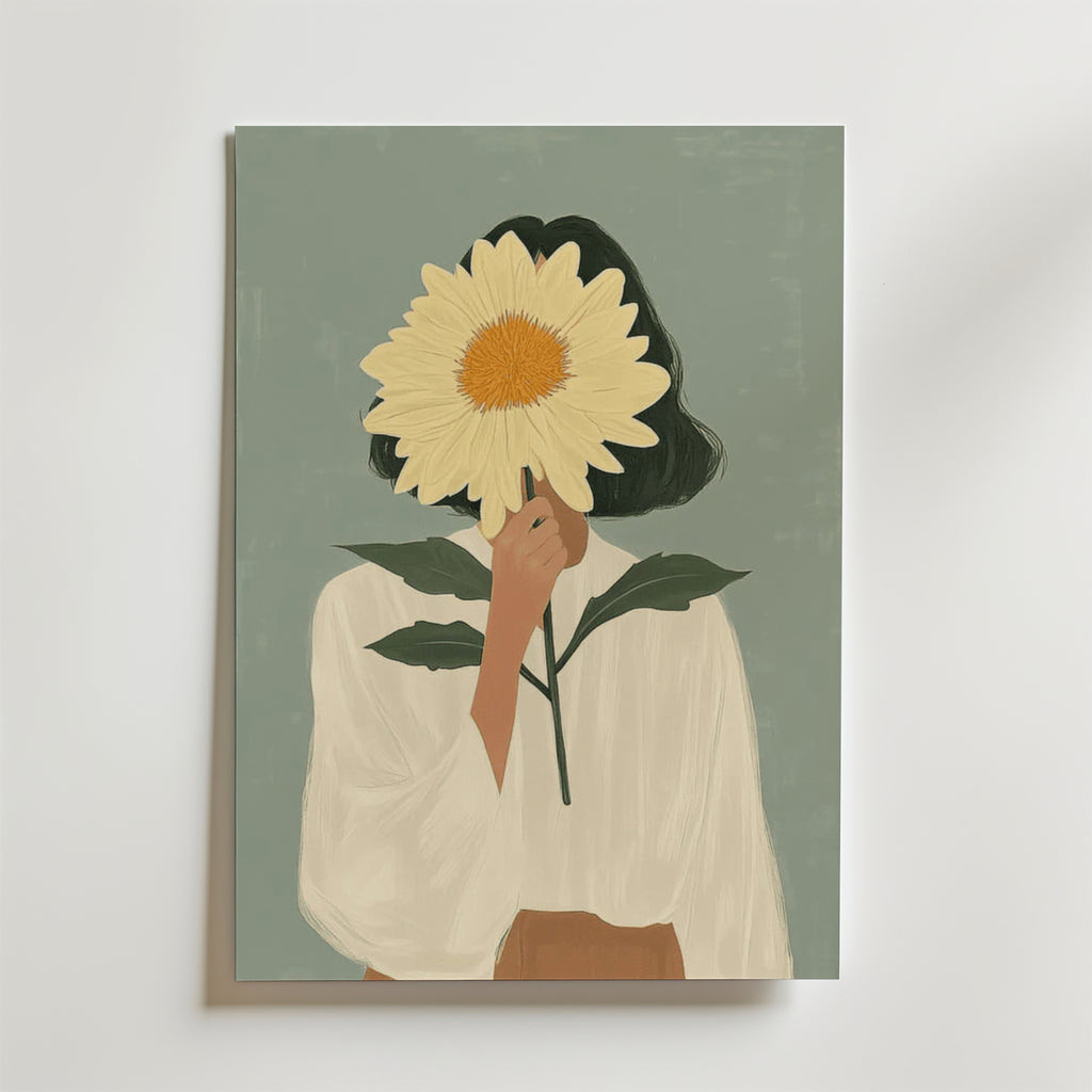 Bozettos Hidden Sunflower No.2 Poster föreställer en person i vit blus som håller i en ljusgul blomma som döljer ansiktet, mot en dovt grön bakgrund. Affischen är tryckt på premiumpapper med en matt finish för en modern och elegant look.