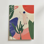 The Astronaut's Eden Poster by Bozetto föreställer en astronaut som svävar bland livfulla former, blad och en röd sol på ljus beige, tryckt på FSC-certifierat premiumpapper för en lyxigt matt yta.