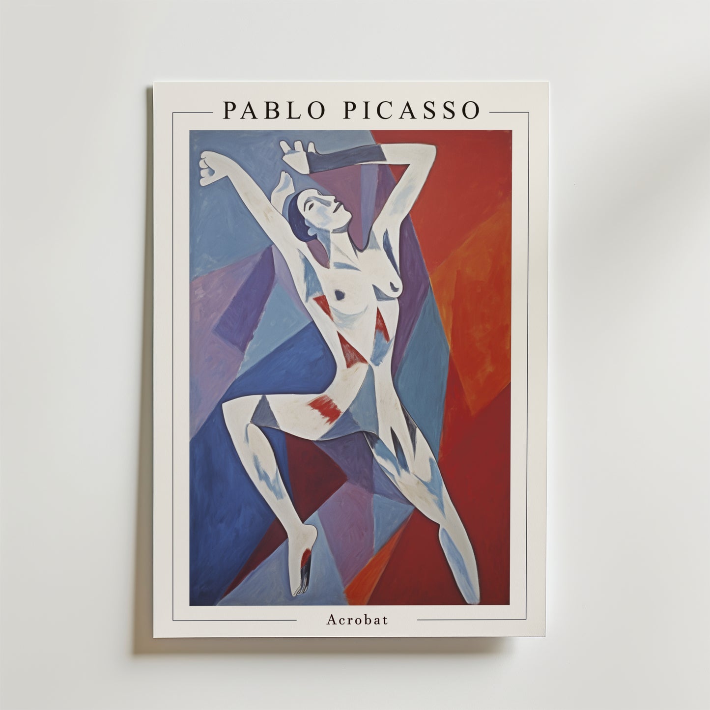 Bozetto Picasso Echoes of Freedom Poster visar en stiliserad akrobat i dynamiska, vinklade poser - en sann geometrisk dans - mot en djärv geometrisk bakgrund i blått, rött och lila. Titel och konstnärsnamn visas ovanför bilden.