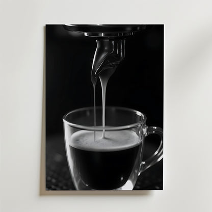 Bozetto Espresso Pour Poster visar espresso som hälls i en glaskopp med krämigt skum, i svartvitt. Tryckt på FSC-certifierat premiumpapper för hållbarhet.