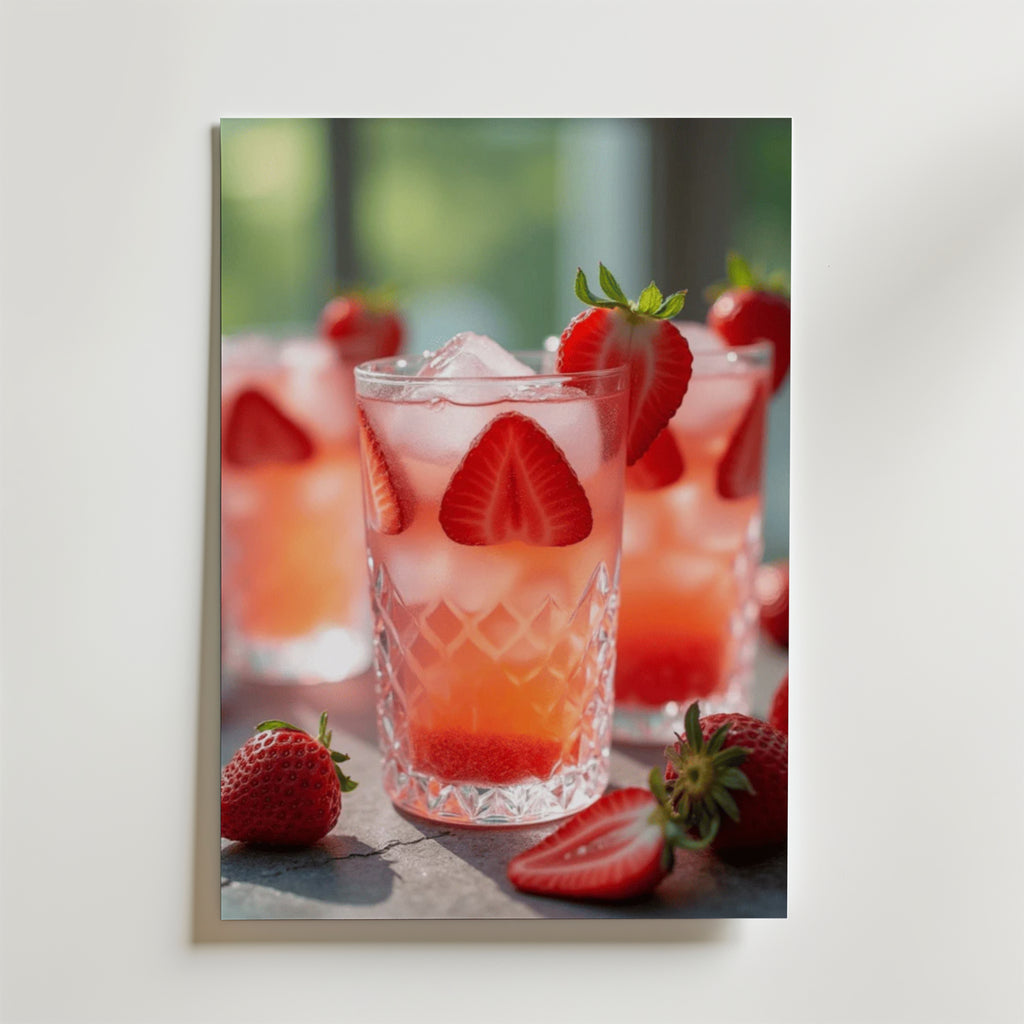 Ett uppfriskande glas rosa jordgubbslimonad med is och färska jordgubbsskivor visas på Bozetto Strawberry Drink Poster - ett perfekt val för en touch av sommarcharm, vackert tryckt på premiumpapper.