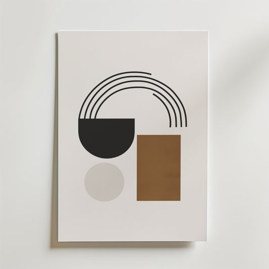 Retro Abstract Arch Poster by Bozetto har en svart halvcirkel med böjda linjer, en brun rektangel och en ljus beige cirkel på en vit bakgrund - perfekt för interiörer med rena linjer och neutrala toner.