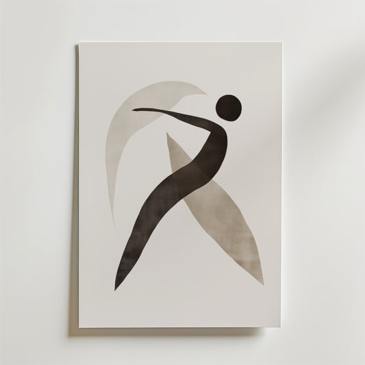 Bozetto Abstract Movement Poster föreställer en svart figur i rörelse med böjda grå former på en vit bakgrund, tryckt på FSC-certifierat premiumpapper - ett snyggt val för moderna interiörer.