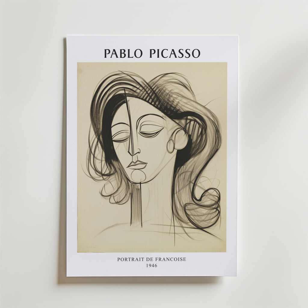 Bozettos Picasso Serene Elegance Poster visar ett abstrakt linjeporträtt från 1946 - Portrait de Françoise - med stiliserade drag och elegant text som ramar in konstverket.
