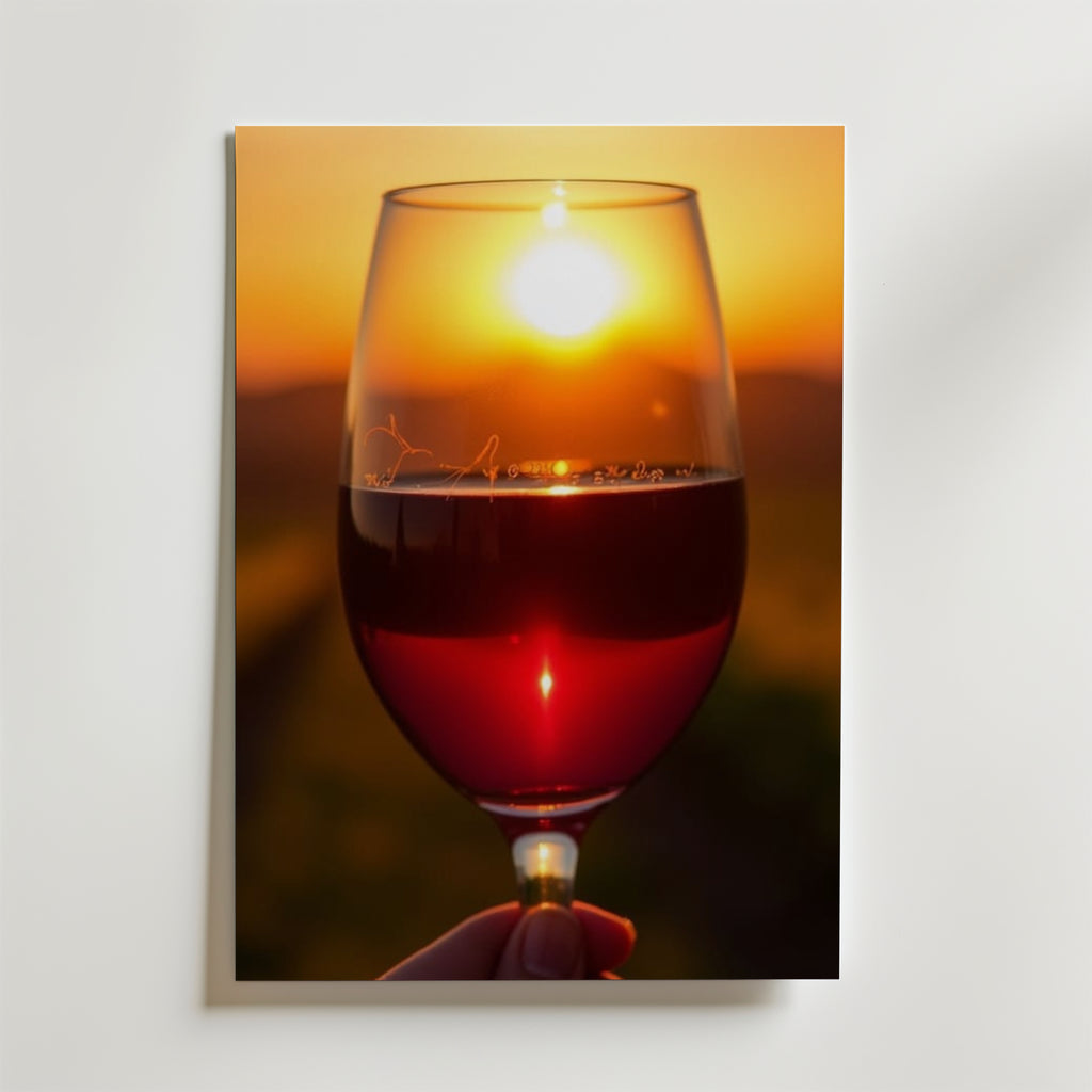 En hand håller ett glas rött vin framför en glödande solnedgång på Bozetto Sunset Sip Poster. Solen svävar ovanför kanten med en mjukt suddig bakgrund som framkallar värme och elegans på premiumpapper.