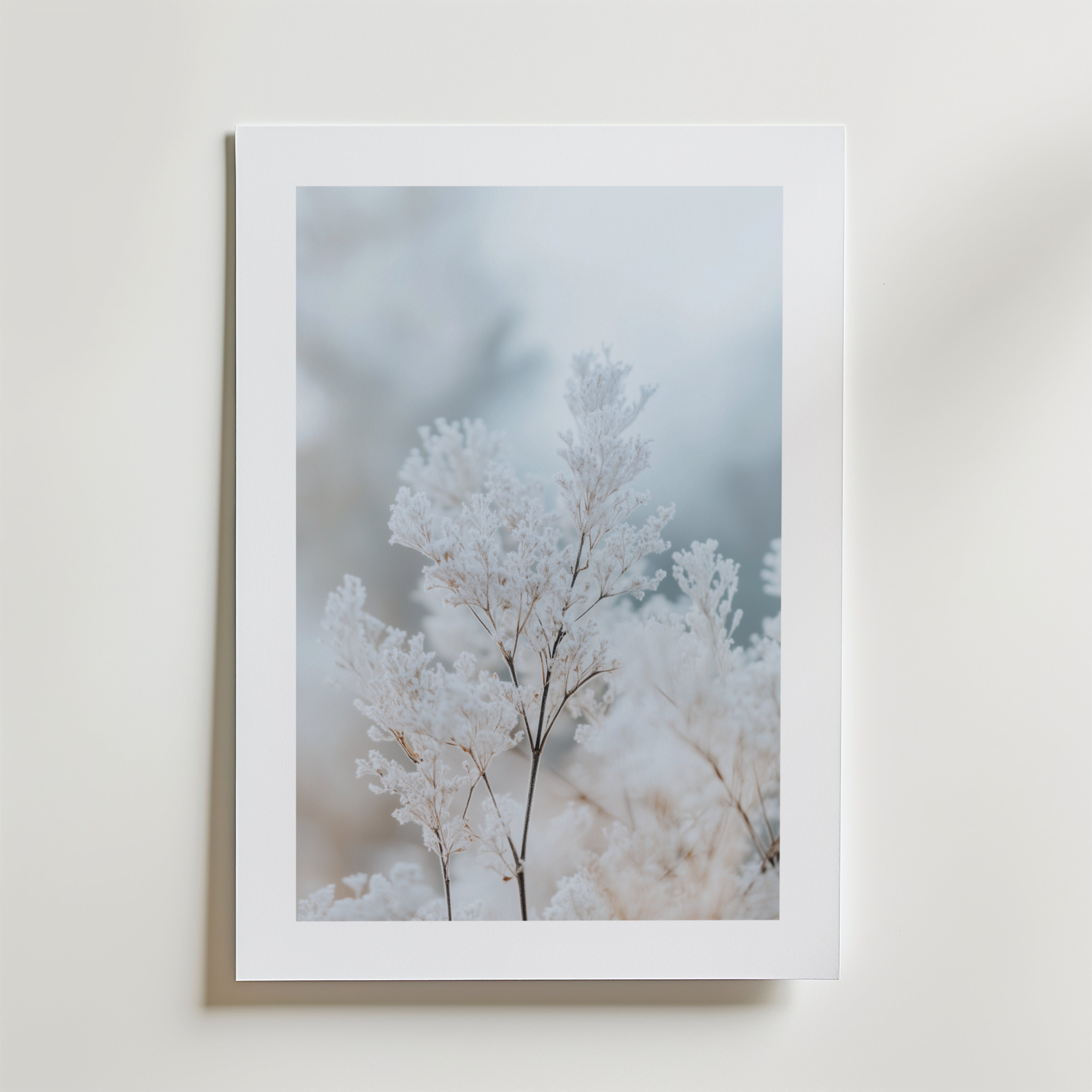 Frozen Branches Poster från Bozetto har skira frostvita växter på en mjuk, suddig bakgrund. Affischen är tryckt på FSC-certifierat premiumpapper med högkvalitativ finish och visas monterad på en ljus vägg.