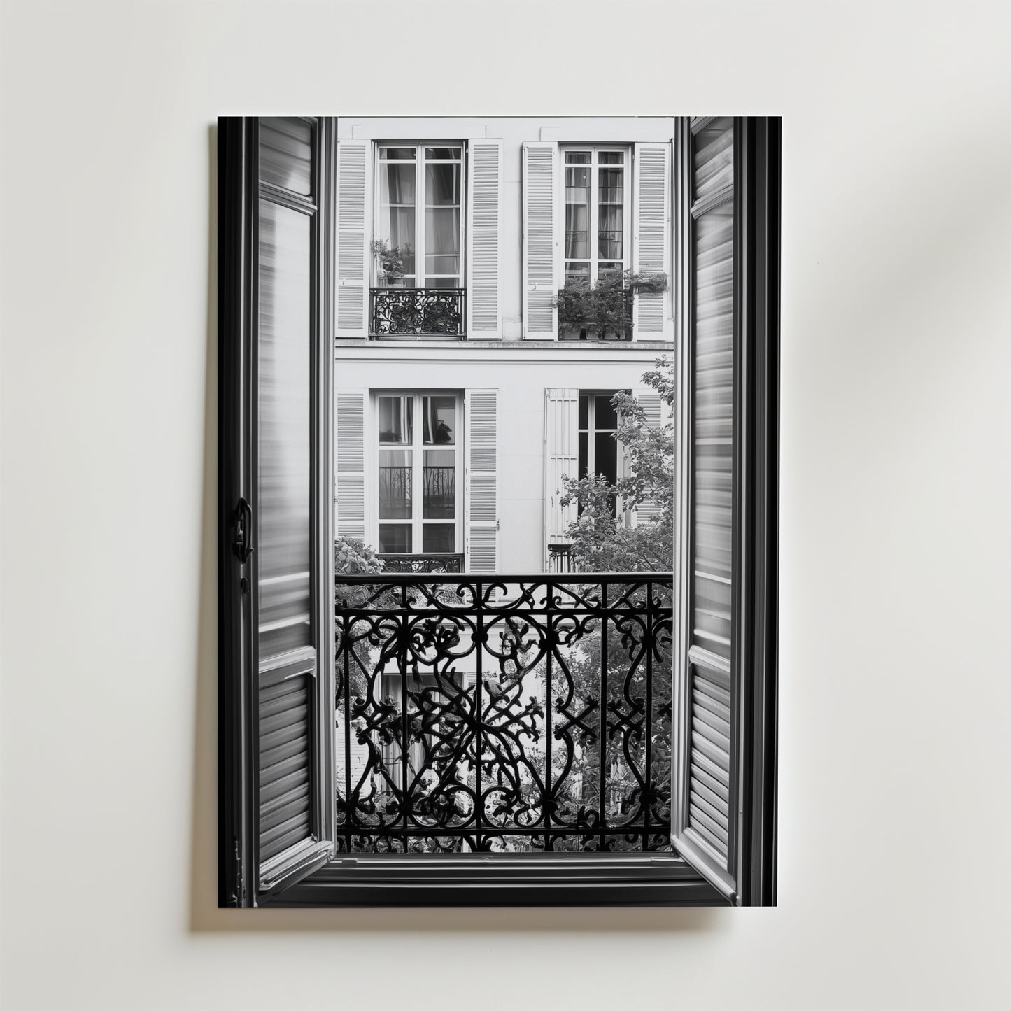 En svartvit Vintage Paris Balcony Poster från Bozetto föreställer ett öppet fönster med dekorativa järnräcken med utsikt över fönsterluckor och små balkonger, tryckt på premiumpapper med en matt finish.