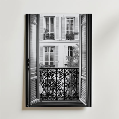 En svartvit Vintage Paris Balcony Poster från Bozetto föreställer ett öppet fönster med dekorativa järnräcken med utsikt över fönsterluckor och små balkonger, tryckt på premiumpapper med en matt finish.