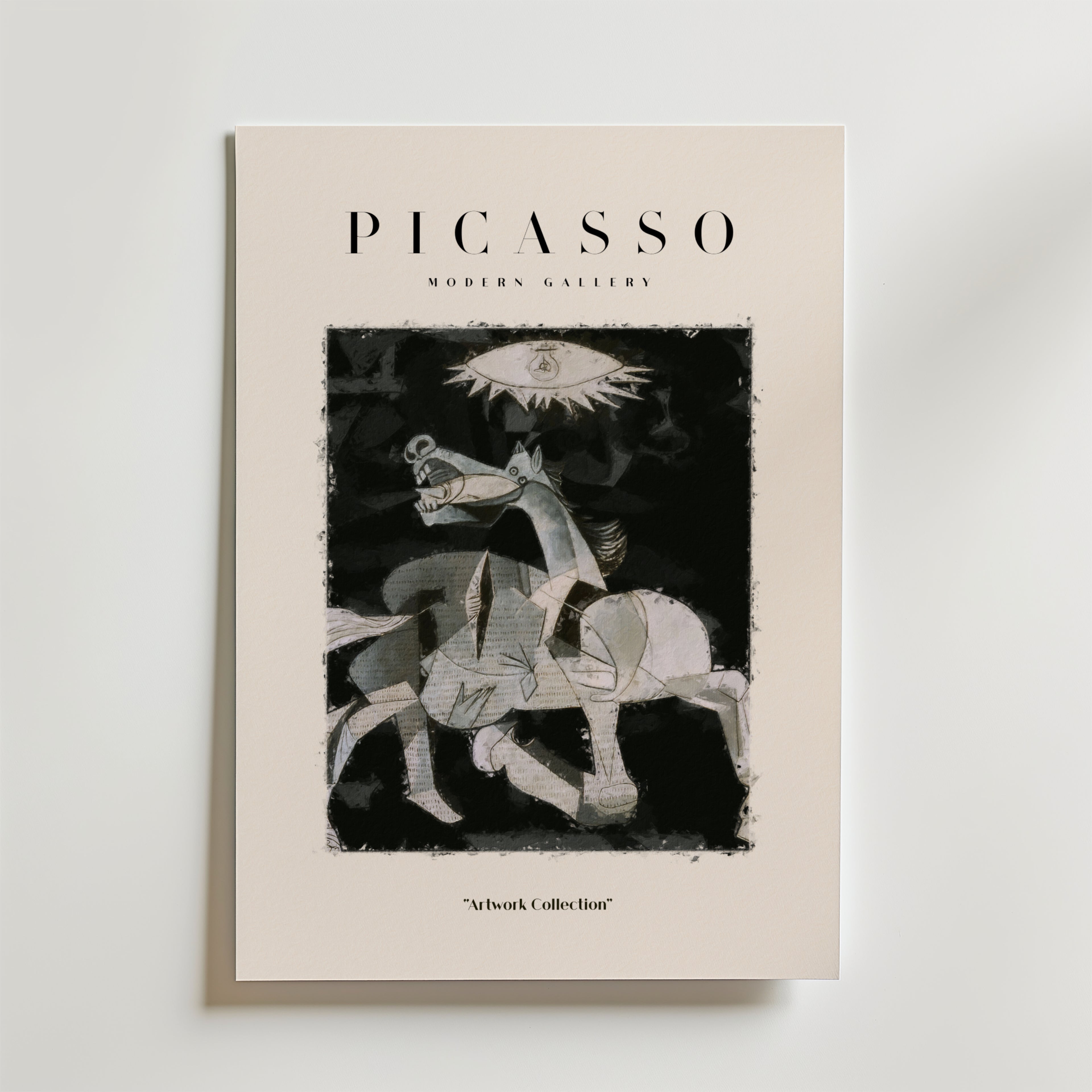 Bozettos "Picasso The Weeping Horse Poster" visar kubistisk konst med en Picasso-inspirerad abstrakt häst och ryttare i svart, vitt och grått samt ett öga ovanför. "PICASSO" står högst upp och "Artwork Collection" nedanför.