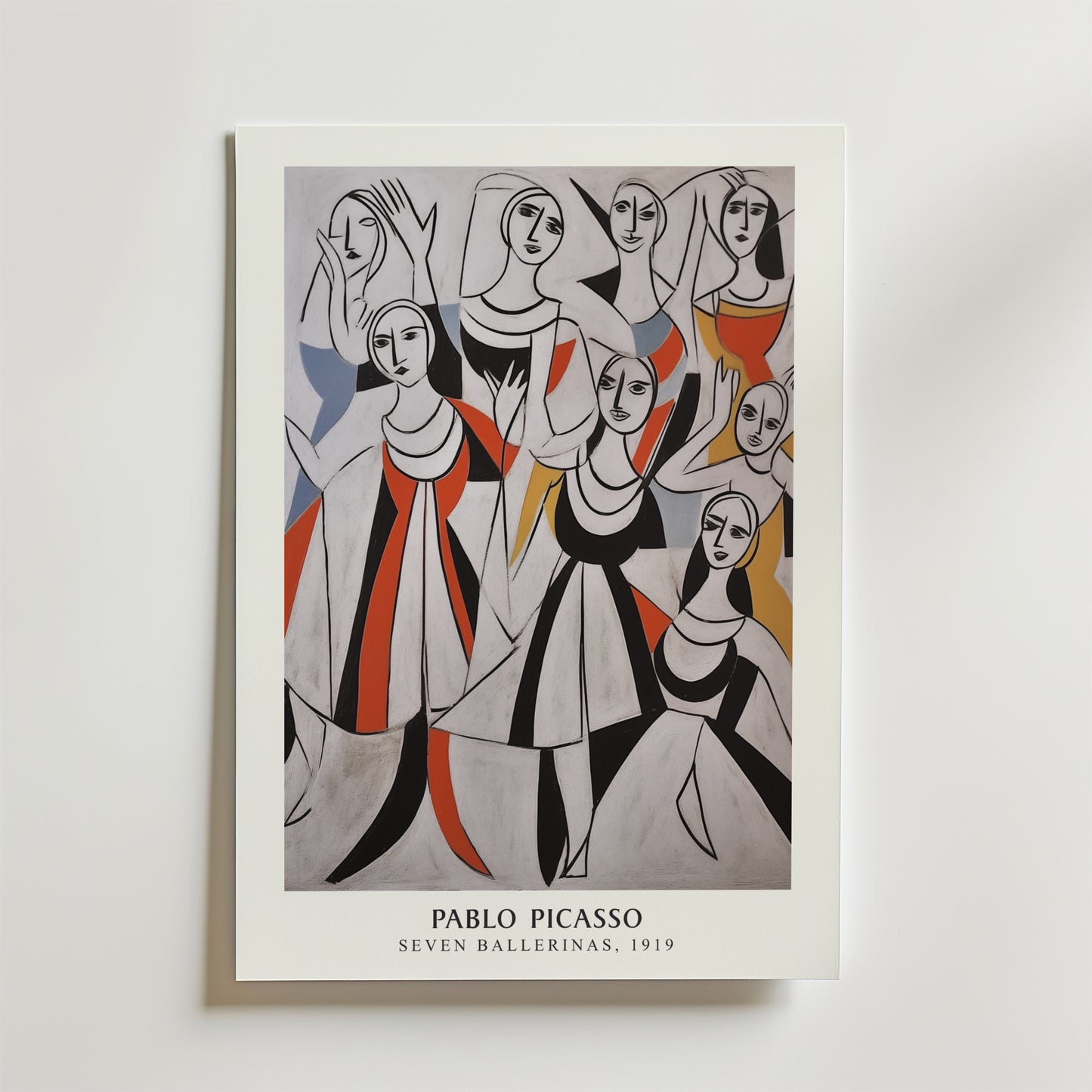 Bozetto "Picasso Geometry Of Grace Poster" föreställer abstrakta, stiliserade ballerinor med långsträckta lemmar och geometriska former i svarta, vita, röda, gula och grå toner. Inspirerad av Picassos balettkonstverk från 1919.