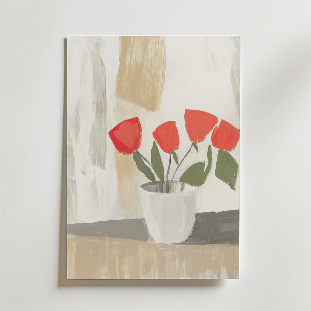 Bozetto Orchid Tranquility Poster visar tre röda blommor med gröna blad i en vit vas på en neutral beige och grå abstrakt bakgrund, tryckt på premiumpapper för en lugn inredningsaccent.