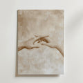 Bozetto Holding Hands Poster visar två händer som sträcker ut sig mot en mjuk, abstrakt sepiabakgrund, tryckt på premiumpapper - ett snyggt tillägg till elegant inredning.