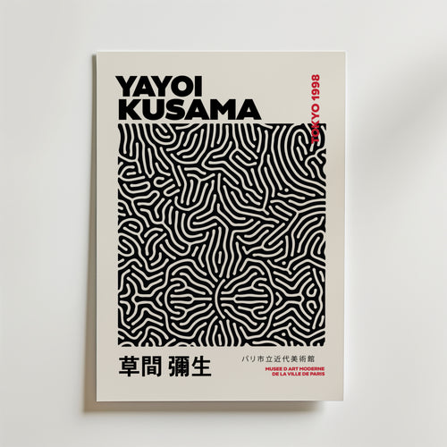 Mockup av Yayoi Kusama Infinity Lines affisch på vägg – köp enkelt hos Bozetto i hög kvalitet