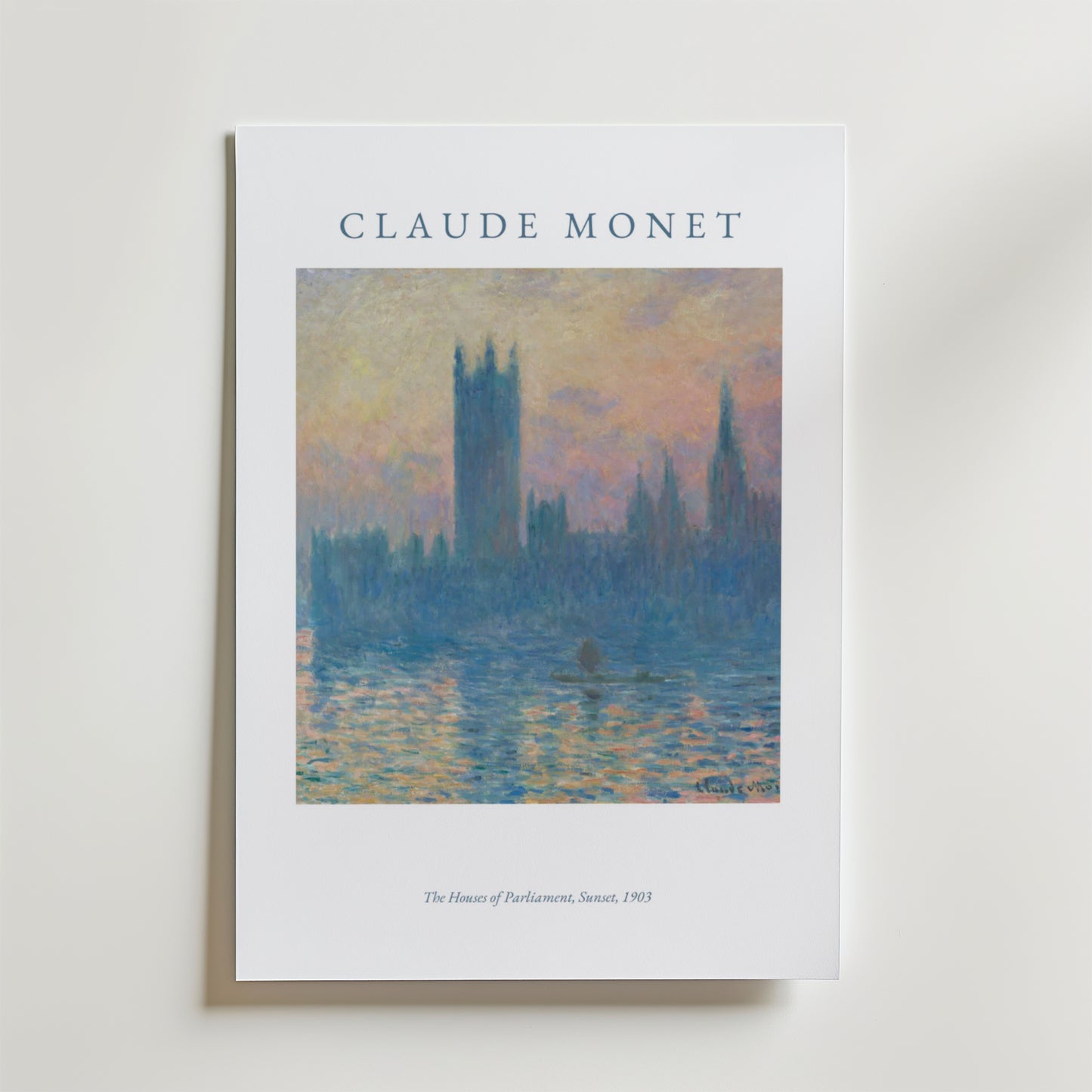 Bozetto Claude Monet The House Of Parlament Poster med en impressionistisk silhuett och färgglada himmelsreflexer från 1903 års konstverk, tryckt på premiumpapper med en krispig vit bakgrund.