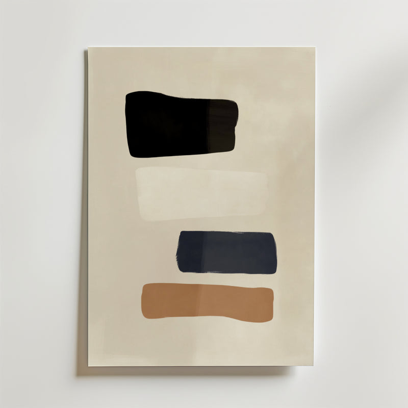 Earth Tone Blocks Poster by Bozetto har fyra ojämna horisontella block - svart, off-white, mörkblå och ljusbrun - staplade på en ljusbeige bakgrund, tryckt på FSC-certifierat premiumpapper med lyxigt matt yta.