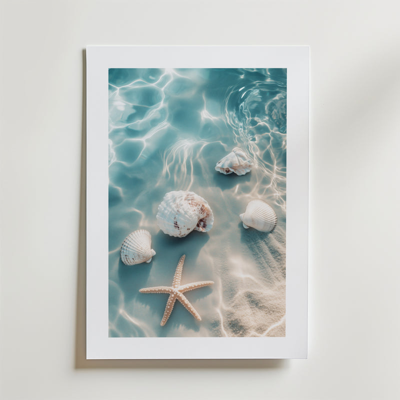 Bozetto Starfish and Shells Beach Poster föreställer snäckskal och en sjöstjärna i solig sand, tryckt på FSC-certifierat premiumpapper med en vit kant, som kan hängas upp på en ljus vägg.