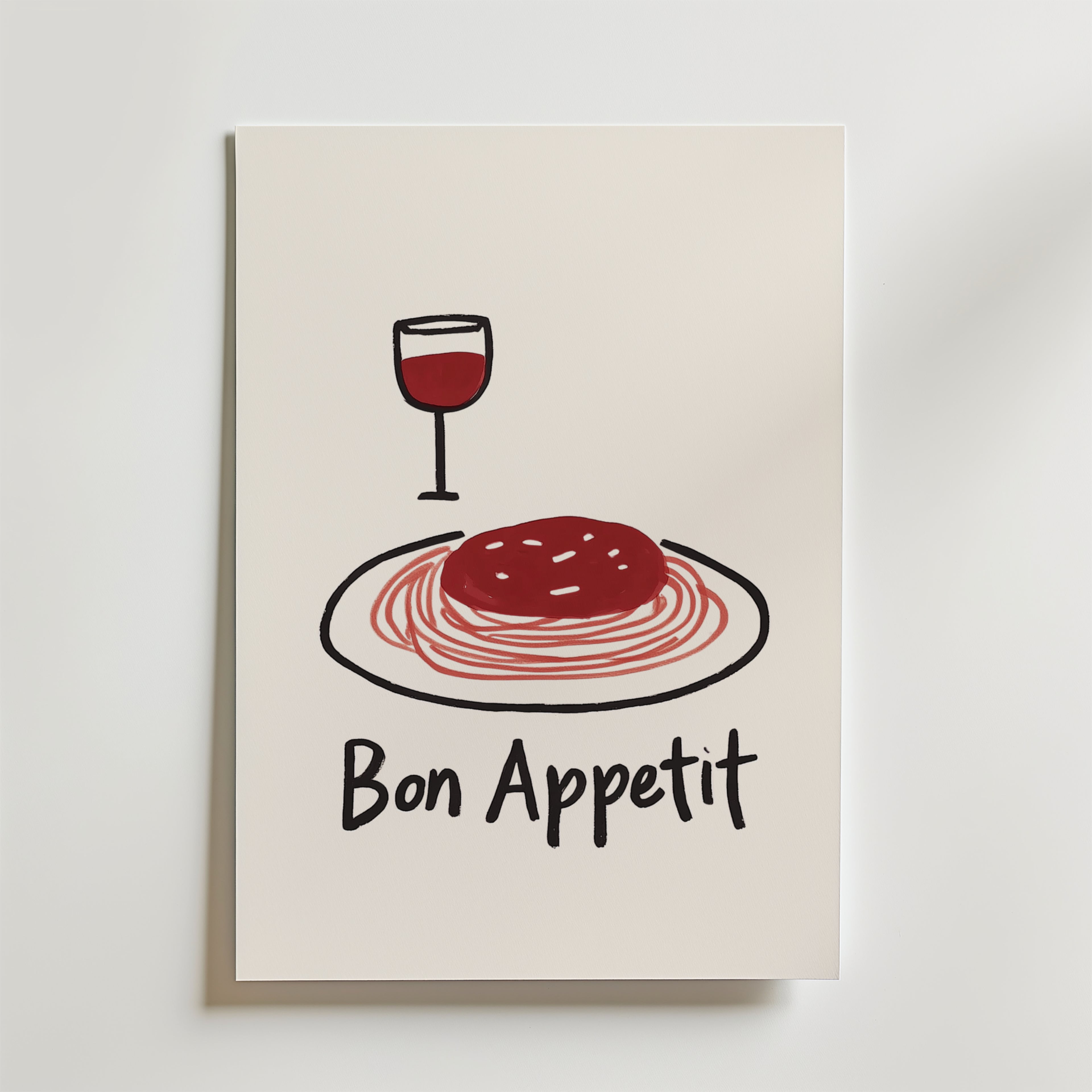 Bon Appetit Poster by Bozetto har en minimalistisk design av spaghetti med röd sås och ett glas rött vin, tryckt på premiumpapper med "Bon Appetit" på en vit bakgrund - perfekt för inredning.