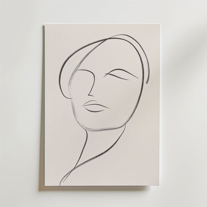Bozetto's Minimalist Female Portrait Poster visar en modern linjeteckning av en kvinnas ansikte i enkla svarta streck på premiumpapper, med ögon, läppar och en lätt huvudlutning mot en ljus bakgrund.