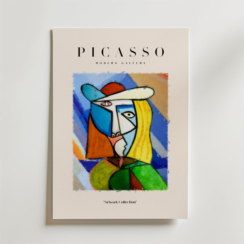 Bozetto Picasso Abstract Femme Poster föreställer ett kvinnoporträtt i kubistisk stil med starka färger och geometriska former som påminner om Picassos konst. Texten "PICASSO Modern Gallery" visas ovanför "Artwork Collection" under bilden.