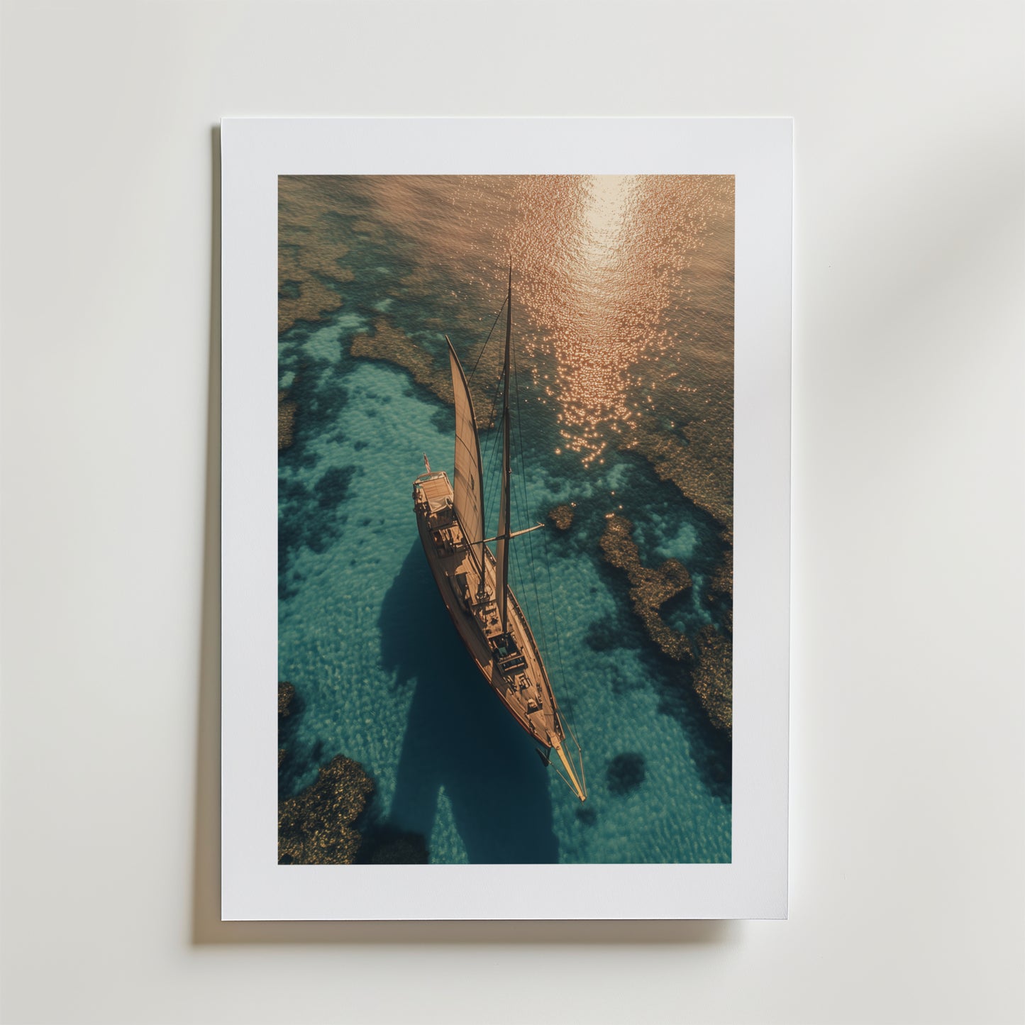 Turquoise Sea Poster från Bozetto visar en segelbåt från luften över klarblått vatten och korallrev, tryckt på FSC-certifierat premiumpapper för en högkvalitativ finish.