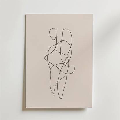 Bozetto Entwined Bodies Line Art Poster har en enda kontinuerlig svart linje som bildar abstrakta, slingrande former på en ljusbeige bakgrund. Affischen är tryckt på FSC-certifierat premiumpapper och visas på en enkel rektangulär canvas.