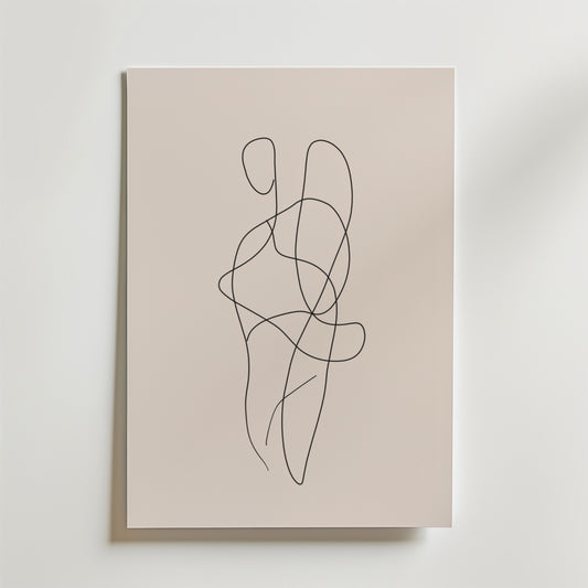 Bozetto Entwined Bodies Line Art Poster har en enda kontinuerlig svart linje som bildar abstrakta, slingrande former på en ljusbeige bakgrund. Affischen är tryckt på FSC-certifierat premiumpapper och visas på en enkel rektangulär canvas.