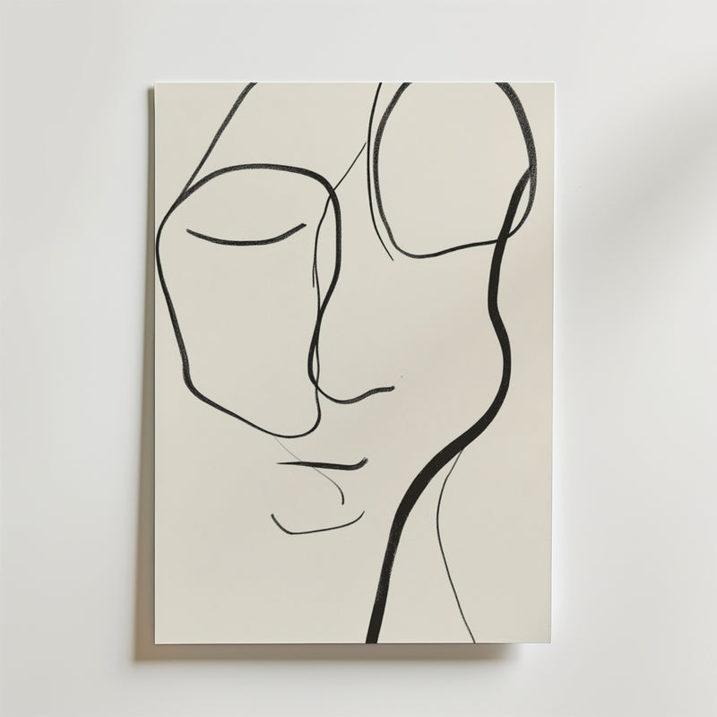 Silent Reflections Poster by Bozetto har en minimalistisk linjeteckning av ett ansikte på matt yta premiumpapper, med enkla svarta linjer för att avbilda slutna ögon, en näsa och läppar i en modern, abstrakt stil.