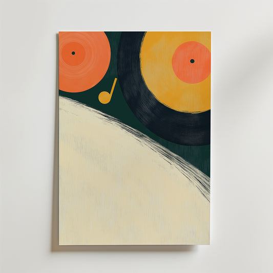 Bozetto Vinyl Vibes Poster föreställer vinylskivor och en musiknot i orange, gult och svart på en mörkgrön och beige bakgrund med djärva penseldrag - tryckt på premiumpapper för en högkvalitativ finish.
