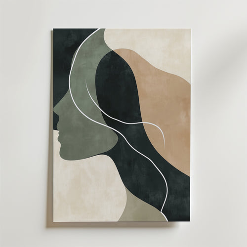 Bozettos Poster Abstract Face Shape No.2 visar en minimalistisk kvinnas sidoprofil i grönt, beige och svart med vita böljande linjer som hår - ett perfekt modernt konstverk för alla neutrala utrymmen.