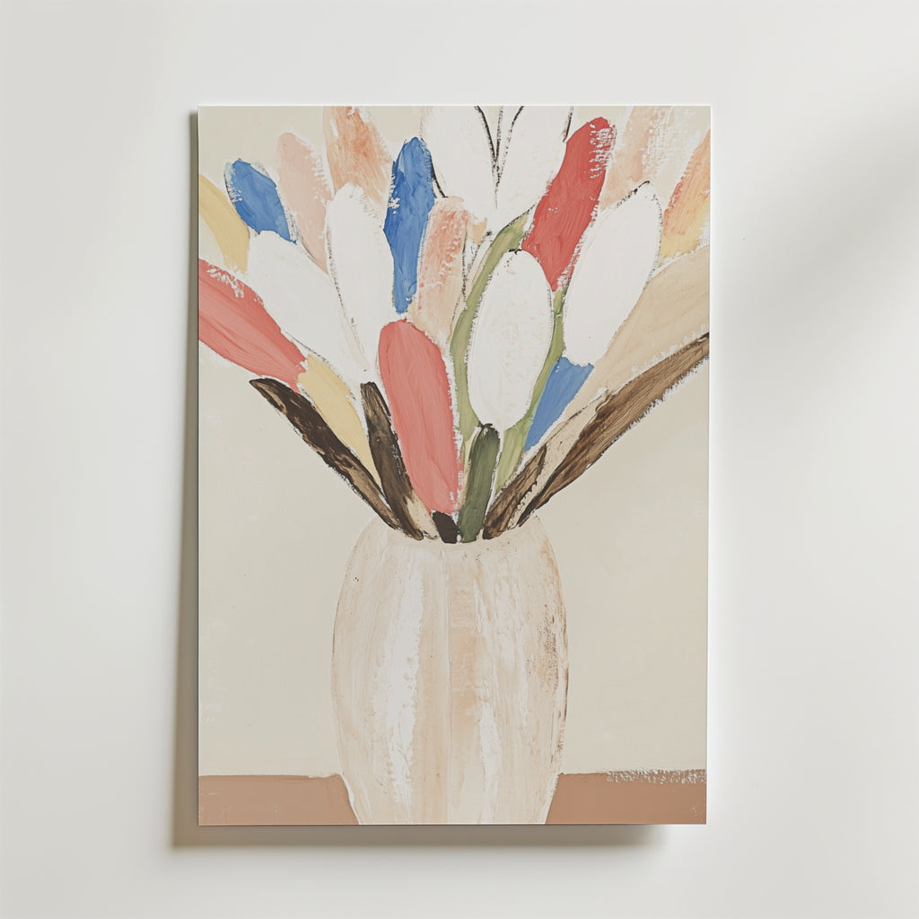 Bozetto Flowers In Vase Poster föreställer en beige vas med abstrakta blommor i mjuka nyanser på en ljus bakgrund, tryckt på miljövänligt FSC-certifierat papper för en elegant look.