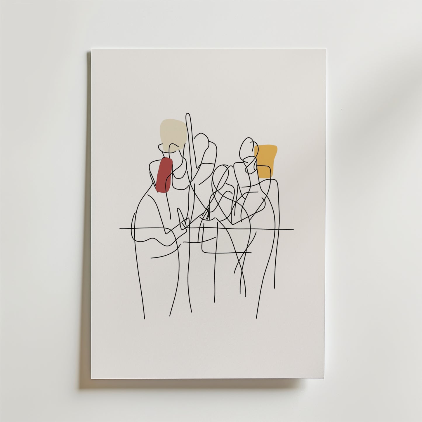 Bozetto Urban Harmony Poster har minimalistiska linjeteckningar av människor med abstrakta färgade former på vit canvas, vilket ger en ren och modern touch av modern konst till alla utrymmen. Tryckt på premiumpapper för en högkvalitativ finish.