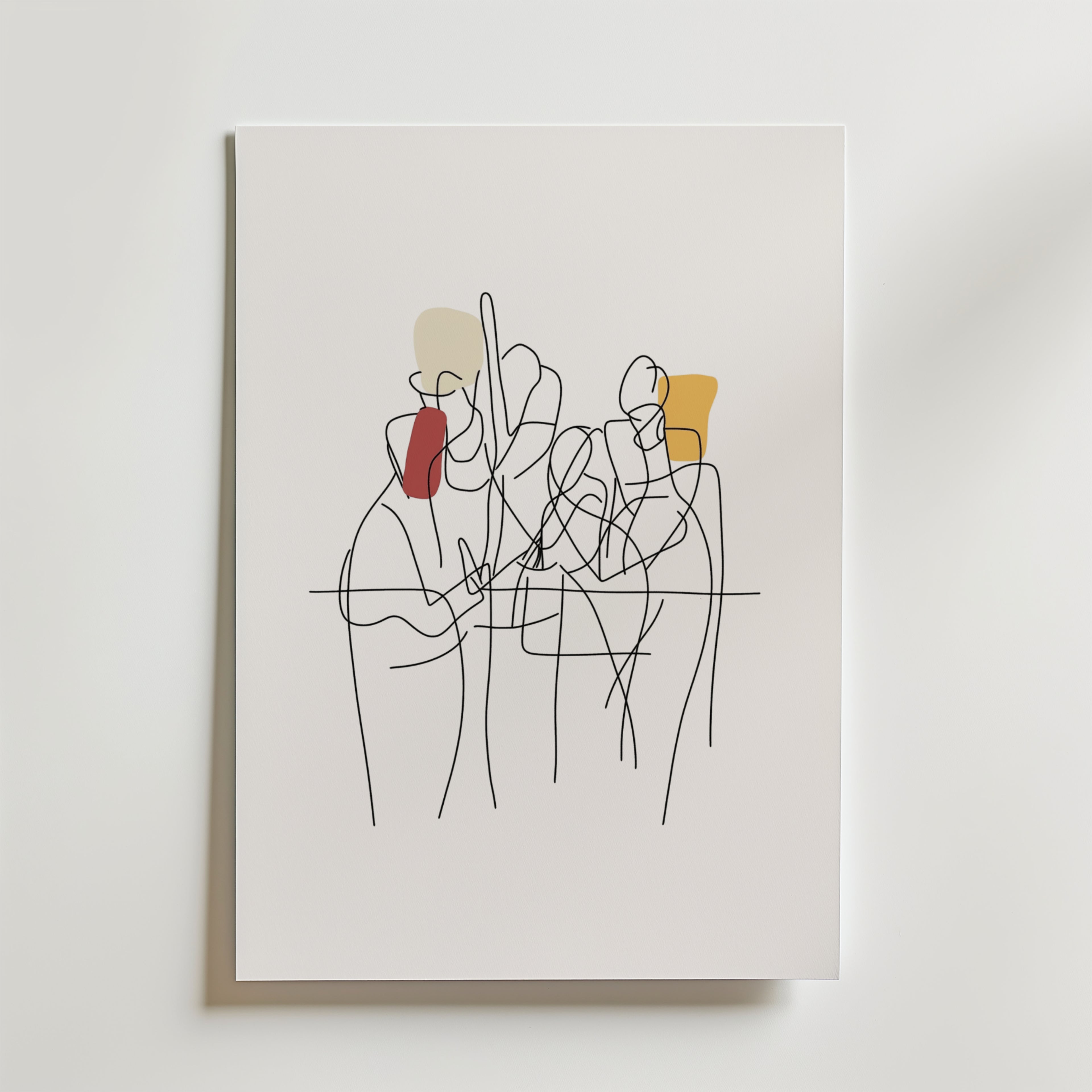 Bozetto Urban Harmony Poster har minimalistiska linjeteckningar av människor med abstrakta färgade former på vit canvas, vilket ger en ren och modern touch av modern konst till alla utrymmen. Tryckt på premiumpapper för en högkvalitativ finish.