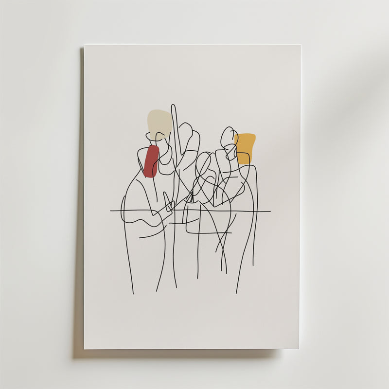 Bozetto Urban Harmony Poster har minimalistiska linjeteckningar av människor med abstrakta färgade former på vit canvas, vilket ger en ren och modern touch av modern konst till alla utrymmen. Tryckt på premiumpapper för en högkvalitativ finish.