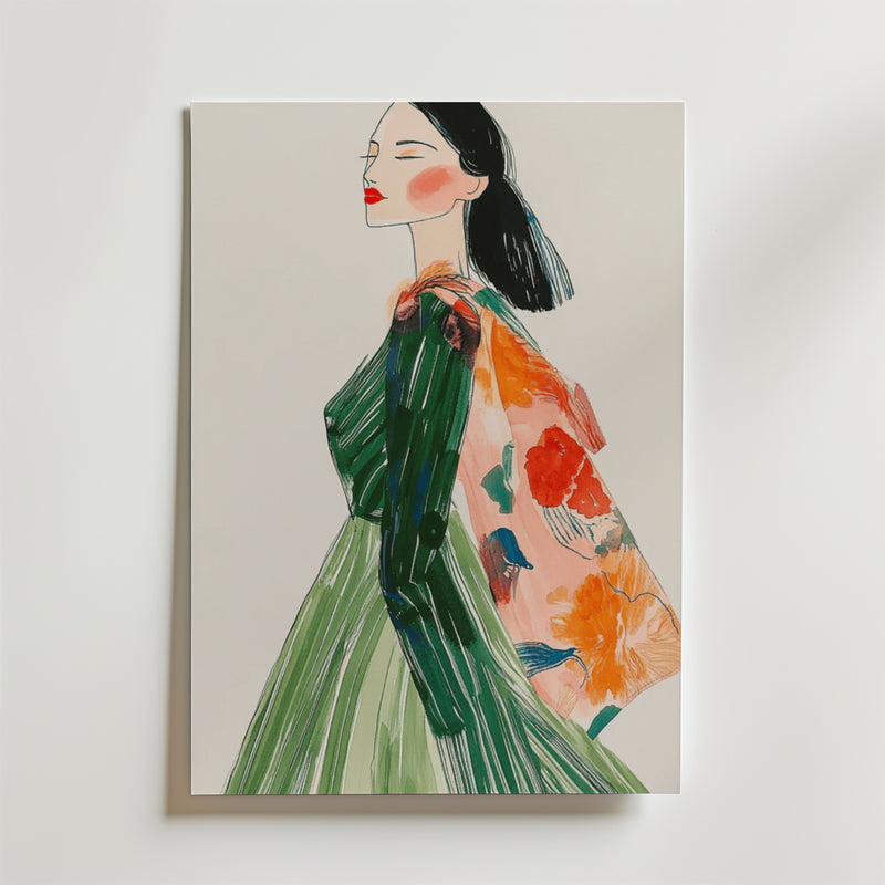 En Bozetto "Woman With Coat Poster" modeillustration av en svarthårig kvinna i grön klänning och rosa blommig scarf, med djärva linjer och livfulla färger, tryckt på premiumpapper med lyxig matt yta.